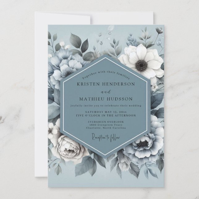Convite Steel Blue Monotone Flora Wedding (Frente)