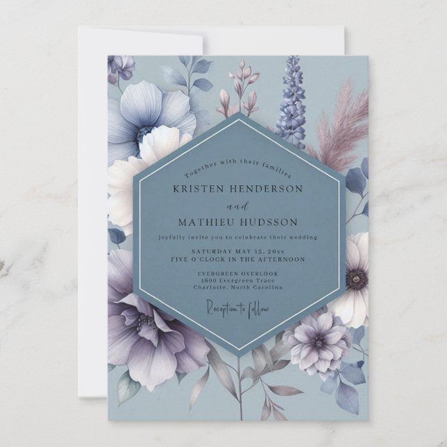 Convite Steel Blue Somber Flora Wedding (Frente)
