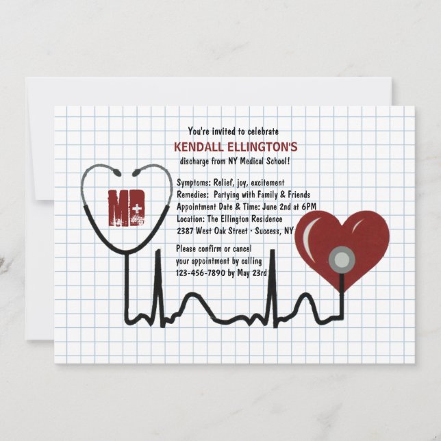 Convite Stethoscope and Heart Graduation Invitation (Frente)
