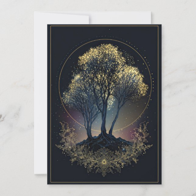 Convite Stippled Gold Celestial Tree Midnight Halo Wedding (Frente)