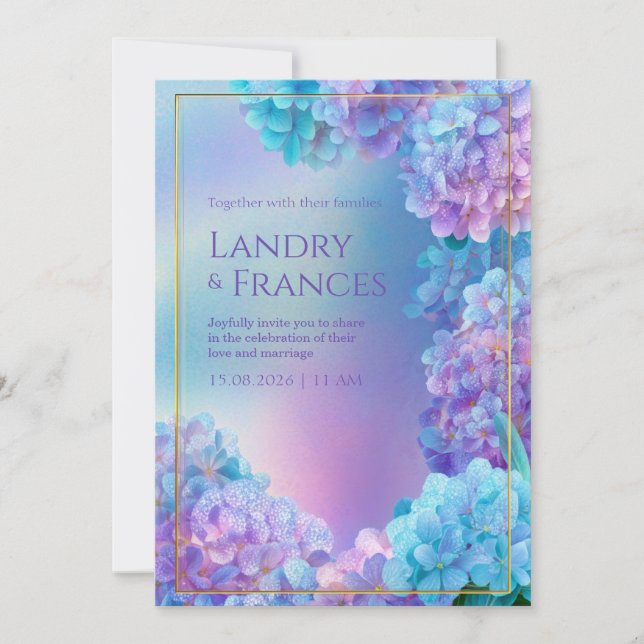 Convite Stippled Lavender Hydrangea Watercolor Gold Frame (Frente)