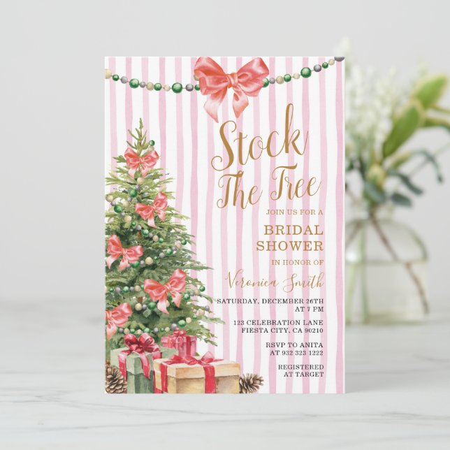 Convite Stock The Tree Christmas Pink Bow Bridal Shower (Em pé/Frente)