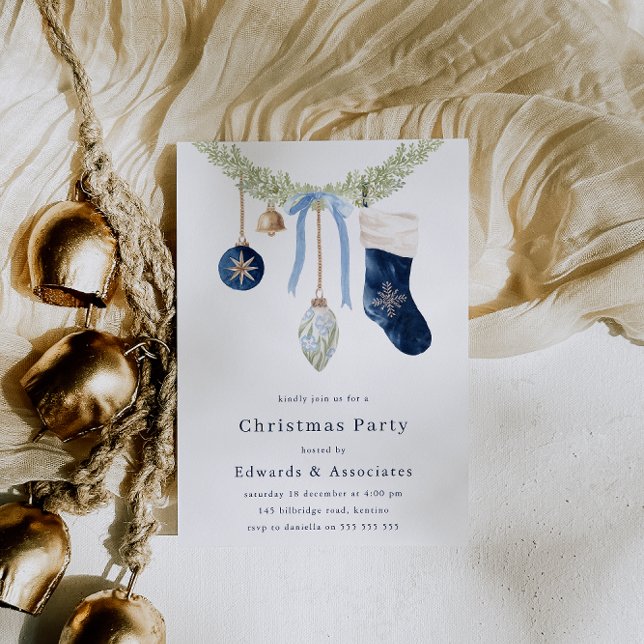 Convite Stocking & Wreath Modern Blue Christmas Party (Criador carregado)