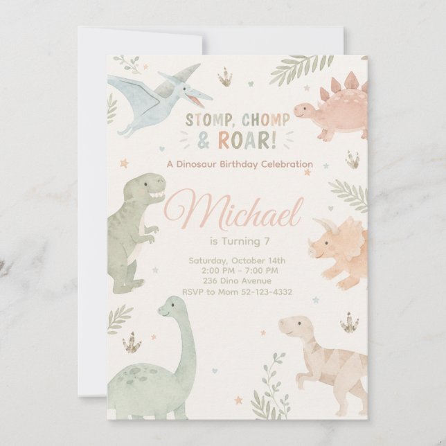 Convite Stomp Chomp And Roar Dinosaur Invitation Editable (Frente)