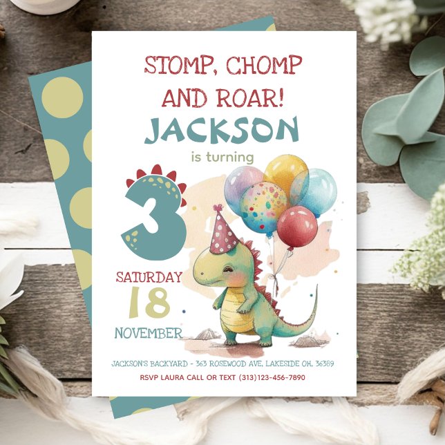 Convite Stomp, Chomp, aniversário de 3 anos Chomp Dinossau (Criador carregado)