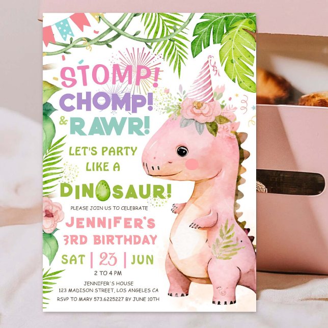 Convite Stomp Chomp Rawr! Aniversário de 3 anos de Dinossa (#DinosaurBirthdayInvitation #DinosaurBirthdayInvite #GirlDinosaurBirthdayInvitation
)