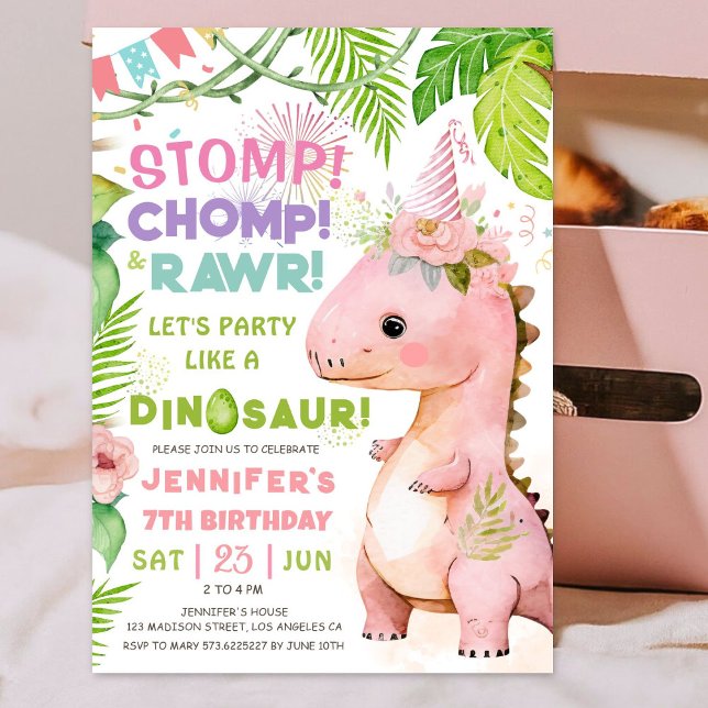 Convite Stomp Chomp Rawr! Dinossaur 7 Birthday Girl Pink (Criador carregado)