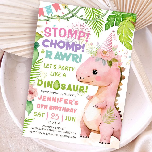 Convite Stomp Chomp Rawr! Dinossaur 8ª Festa de aniversári (#DinosaurBirthdayInvitation #DinosaurBirthdayInvite #GirlDinosaurBirthdayInvitation
)