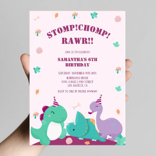 Convite Stomp Chomp Rawr Pink Dinossaur Cinto