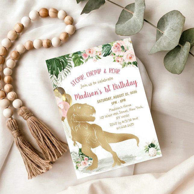 Convite Stomp, Chomp, Road Dinosaur Gold Pink Birthday (Criador carregado)
