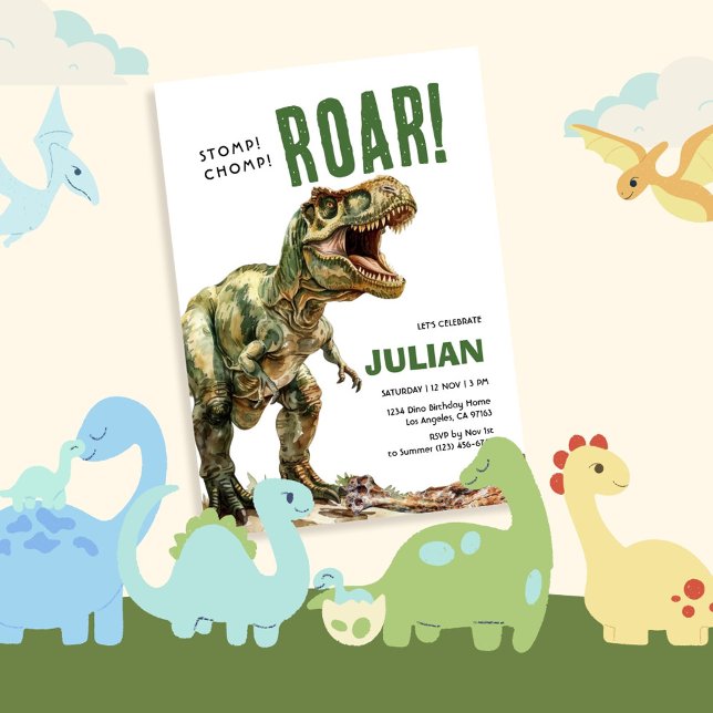 Convite Stomp Chomp Roam Tyrex Birthday (Criador carregado)