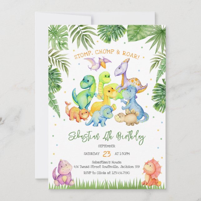Convite Stomp Chomp Roar Dinosaur Birthday Invitation (Frente)