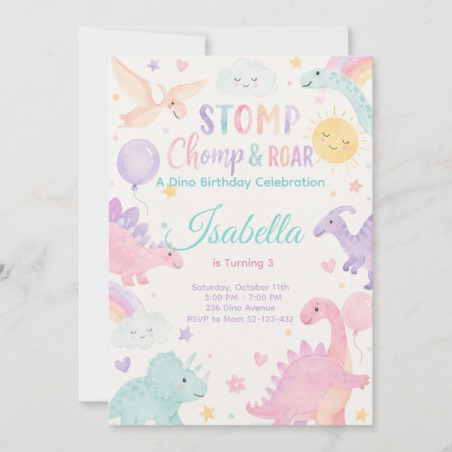 Convite Stomp Chomp & Roar Dinosaur Invitation Editable (Frente)