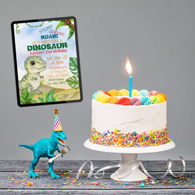 Convite Stomp, Chomp, Roar, Dinosaur Watercolor Birthday (Criador carregado)