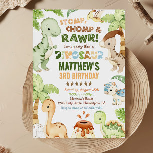 Convite Stomp Chomp Roar Dinossaur aniversário de 3 anos