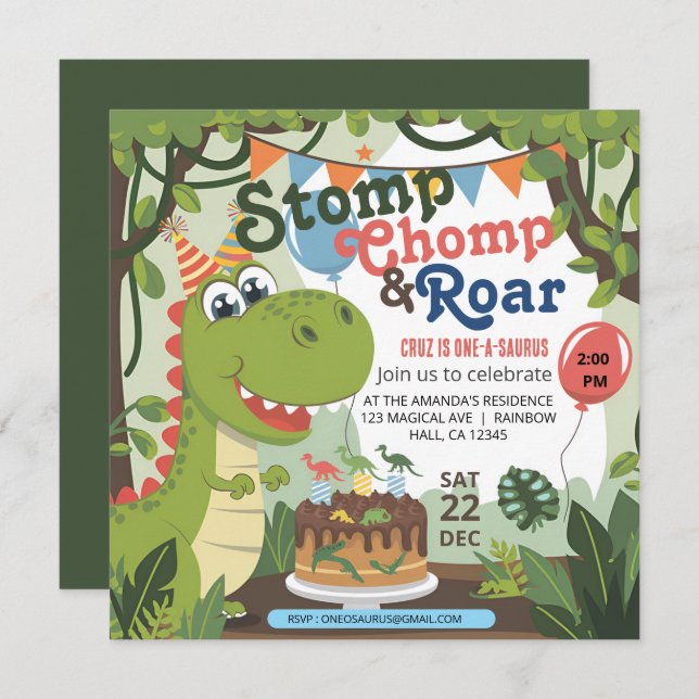 Convite Stomp Chomp Roar dinossauro um aniversário de saur (Frente/Verso)
