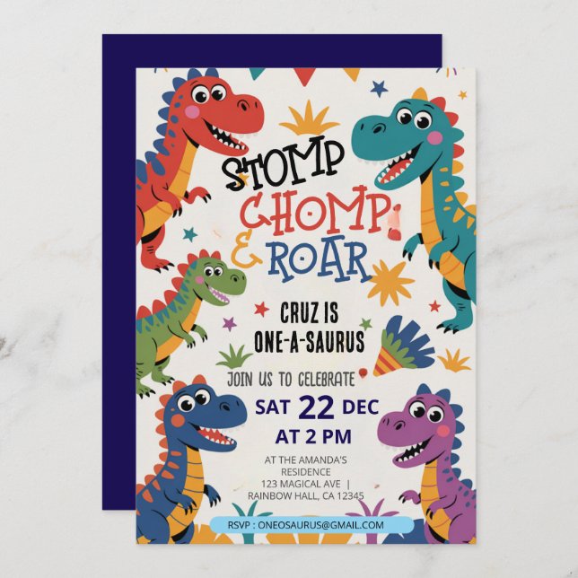Convite Stomp Chomp Roar dinossauro um aniversário de saur (Frente/Verso)