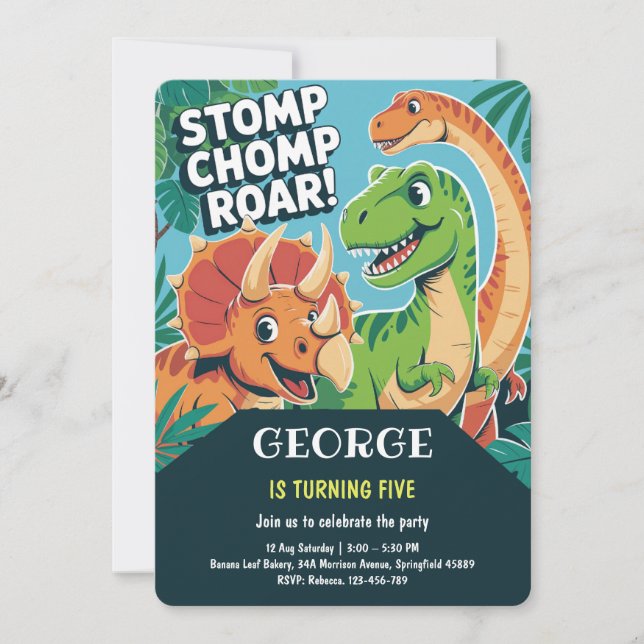 Convite Stomp Chomp Roar | Fun Cute Dinosaurs 5th Birthday (Frente)
