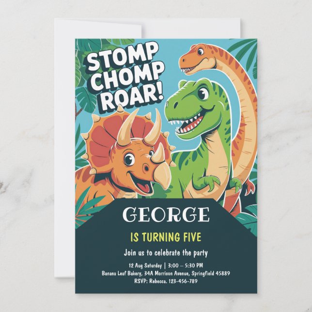 Convite Stomp Chomp Roar Fun Dinosaur 5th Birthday Party (Frente)