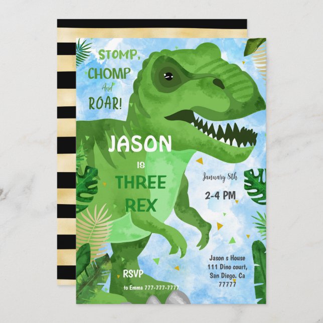 Convite STOMP CHOMP Sua Festa de aniversário de dinossauro (Frente/Verso)