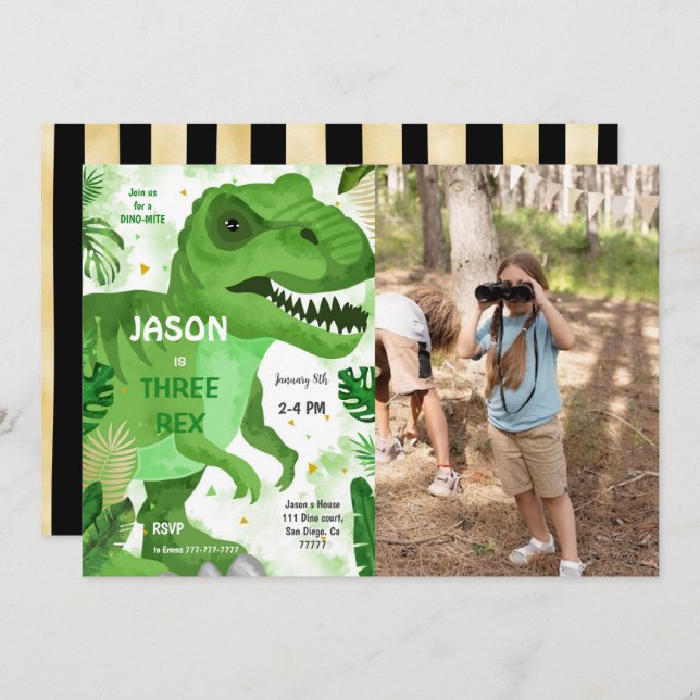 Convite STOMP CHOMP Sua Foto de Aniversário do Dinossauro (Frente/Verso)