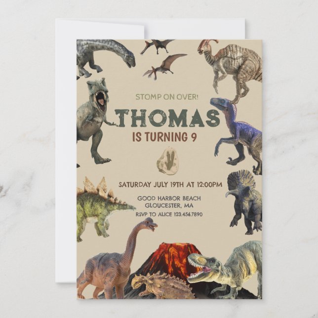 Convite Stomp sobre Dino Birthday (Frente)