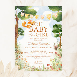 Convite Storey Woodland Fox Oh Baby Girl Chá