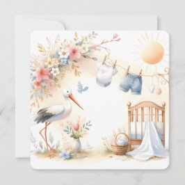 Convite Stork and Baby Clothes Soft Pastel Baby Background