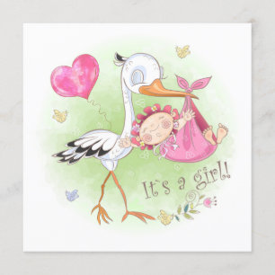 Convite *~* Stork Baby Girl Heart Flowers Chá de fraldas