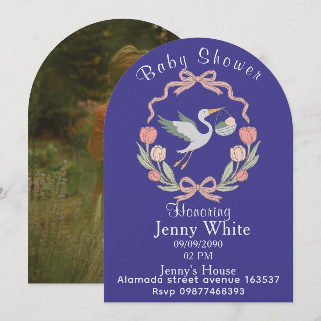 Convite Stork Baby Shower Invitation Floral (Frente/Verso)