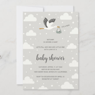 Convite Stork illustration boy baby shower invitation