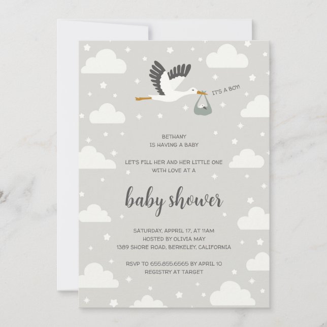 Convite Stork illustration boy baby shower invitation (Frente)