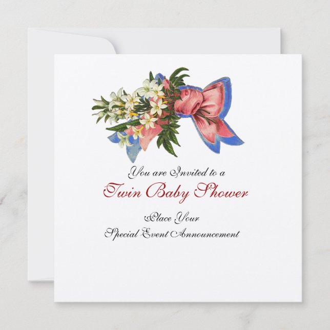 Convite STORK TWIN CHÁ DE FRALDAS, champanhe metálico (Frente)