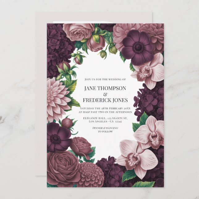 Convite Storm Plum, Graphite Rose & Antique Blush Wedding (Frente/Verso)