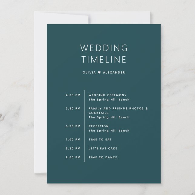 Convite Stormy Teal Wedding Timeline | Elegant Schedule (Verso)