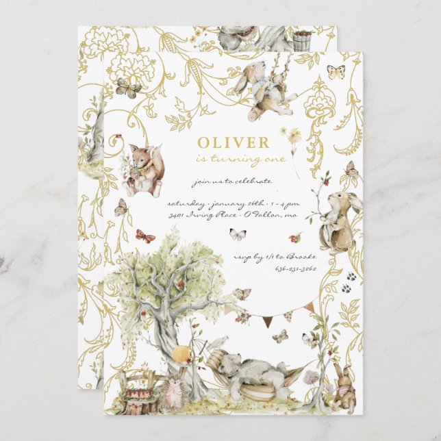 Convite Storybook | Festa de aniversário florestal (Frente/Verso)