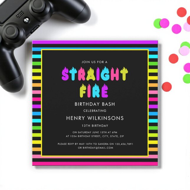 Convite Straight fire neon teen boys birthday  (Criador carregado)