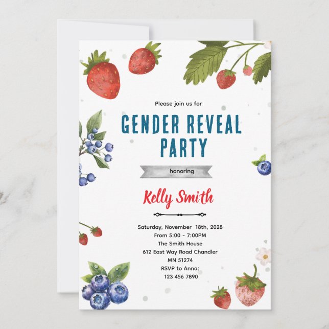 Convite Strawberries and Blueberries Gender Reveal invite (Frente)