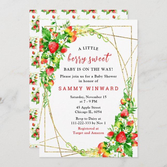 Convite Strawberries and Daisies Baby Shower (Frente/Verso)