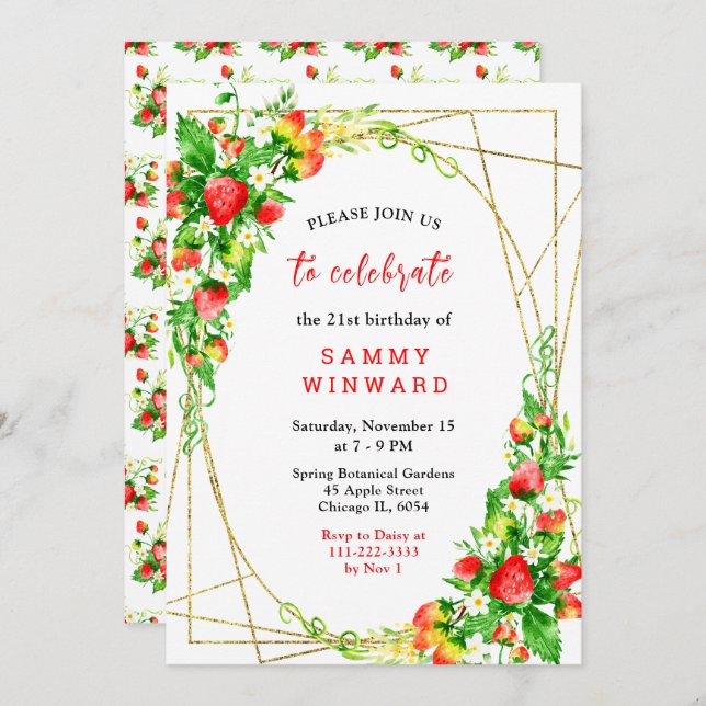 Convite Strawberries and Daisies Birthday (Frente/Verso)