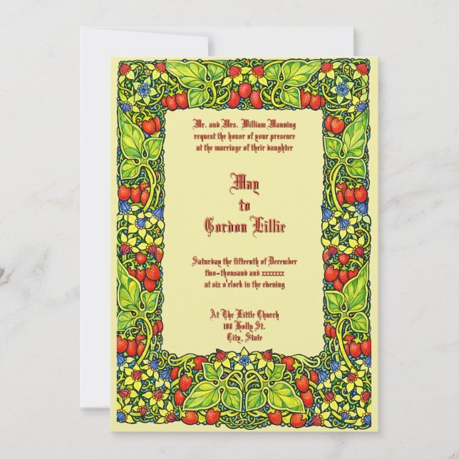 Convite Strawberries Fruit & Floral Border Wedding (Frente)