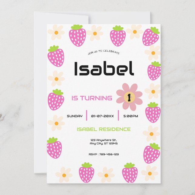 Convite Strawberry 1st Birthday Invite First Berry Sweet (Frente)