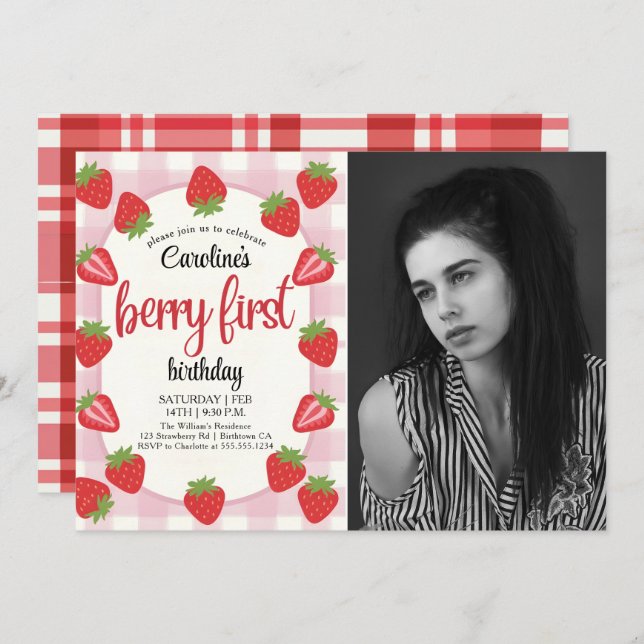 Convite Strawberry 1st Birthday Party Berry First Photo (Frente/Verso)