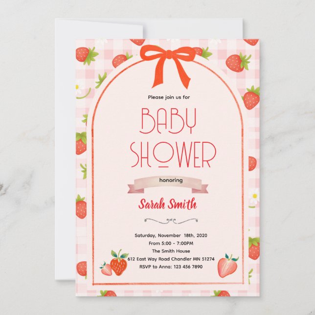 Convite Strawberry baby shower invitation  (Frente)