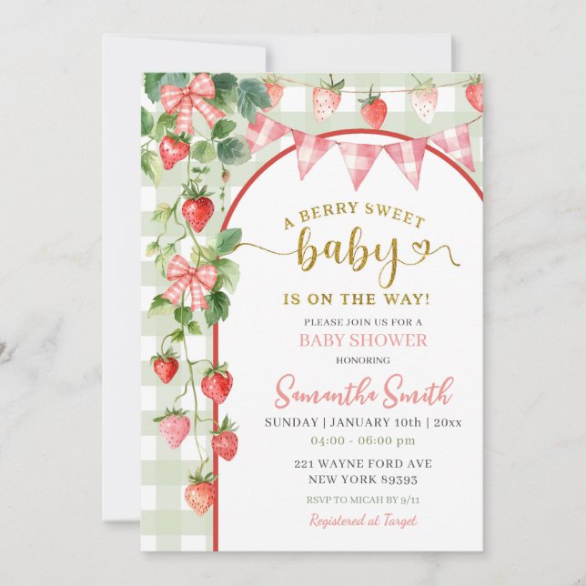Convite Strawberry Baby Shower Invitation (Frente)