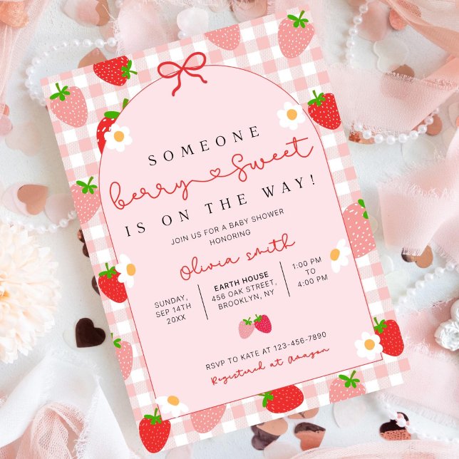 Convite Strawberry Baby Shower Invitation Template, Editab (Criador carregado)