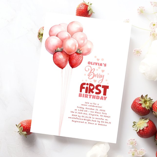 Convite Strawberry Balloons Berry First Girls Aniversário (Berry First Birthday Invitations - Strawberry Themed)