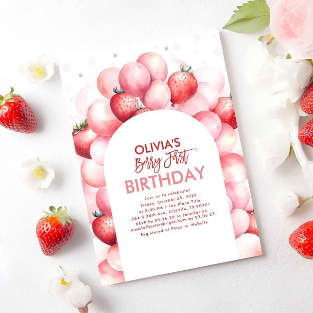 Convite Strawberry Balloons Berry First primeiro aniversar (Strawberry First Birthday Invitations)