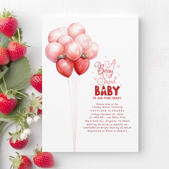 Convite Strawberry Balloons Berry Sweet Chá de fraldas (A Berry Sweet Baby Is On The Way! Cute Strawberry Theme Baby Shower Invitations in Pink and Red)
