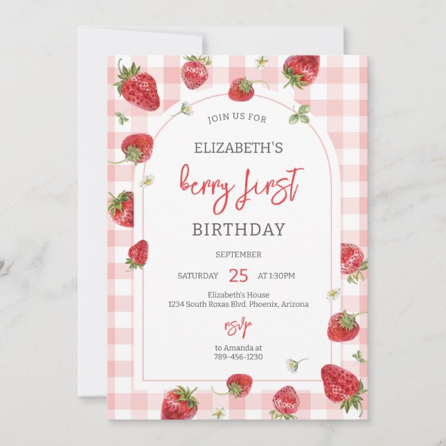 Convite Strawberry Berry First 1st Birthday Invitation (Frente)